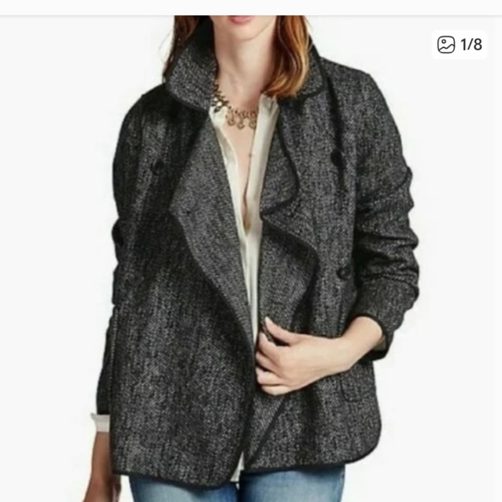 Lucky Brand Black & White Herringbone Drape Wool Blend Jacket Size M